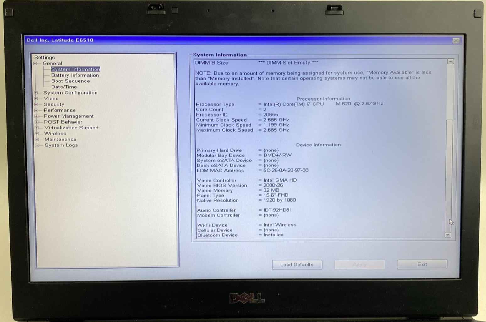 Dell Latitude E6510 Core i7-M620 2.67GHz 8GB RAM 15.6″ No Battery No HDD No OS
