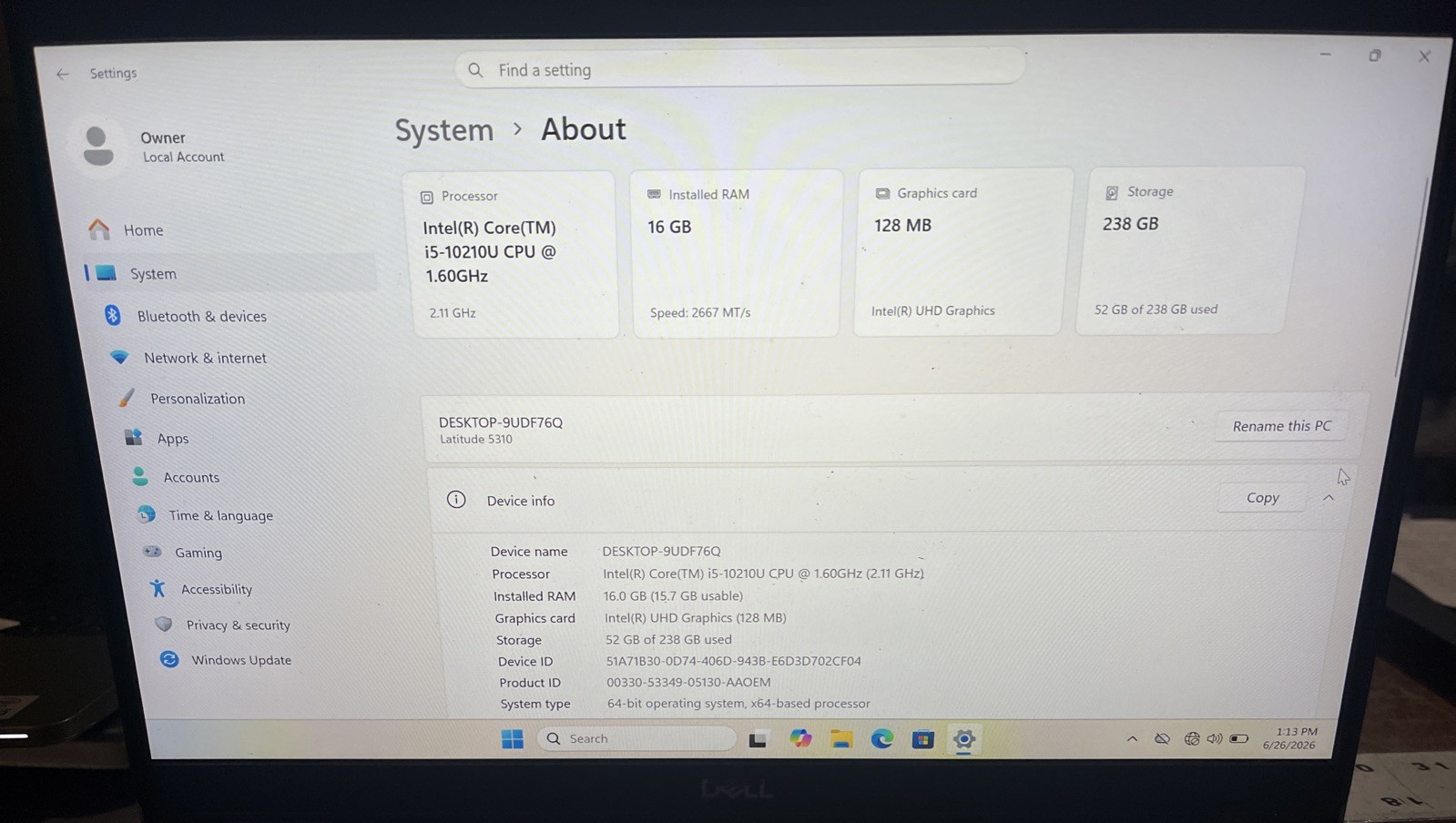 Dell Latitude 5310 i5-10210U@1.60GHz, 16GB RAM, 256GB M2, Win 11 Pro *READ*
