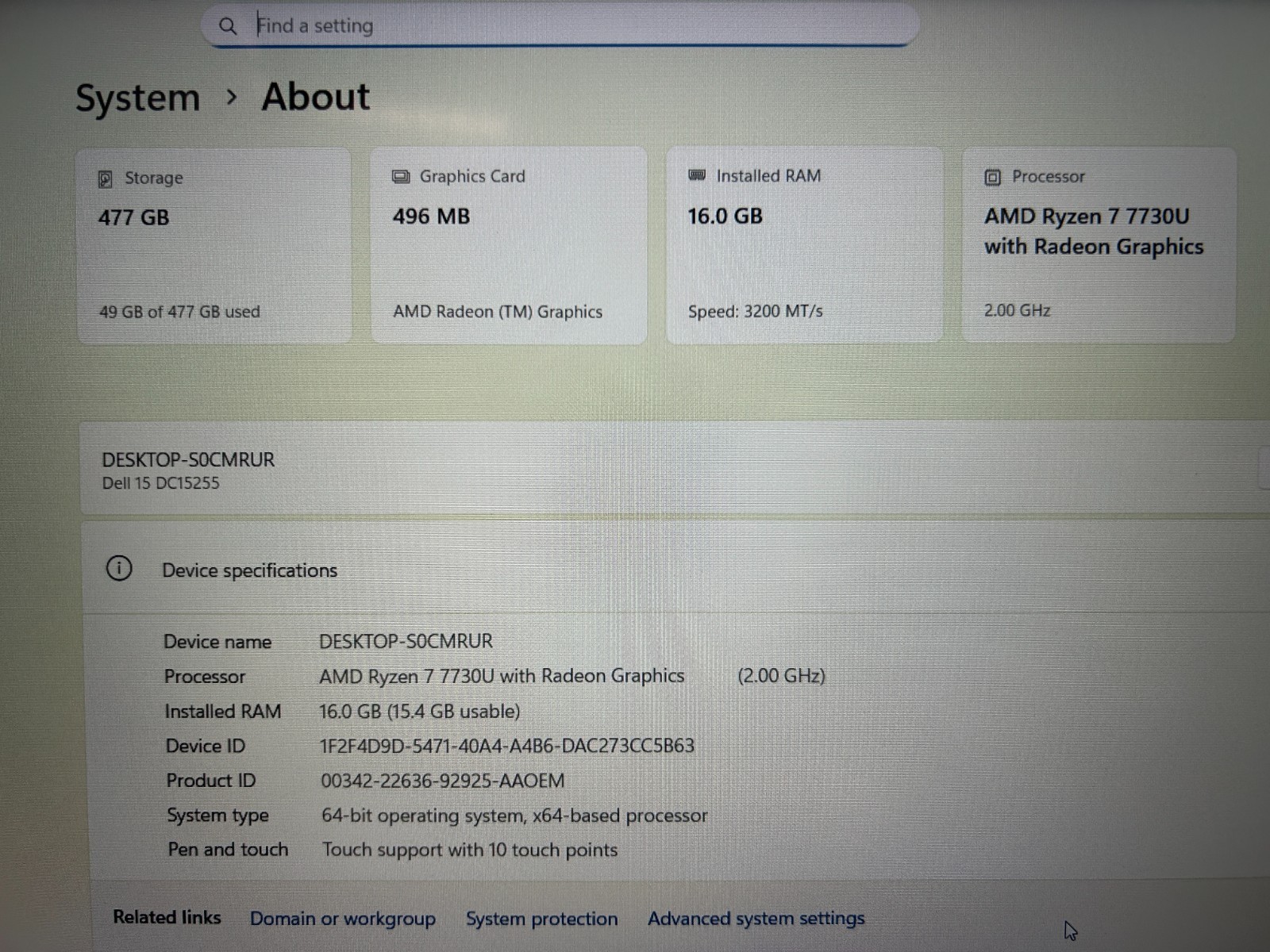 DELL 15 DC15255 G8MK9, AMD Ryzen 7 7730U, 2.00 GHz, 16 GB RAM, 512 GB NVMe SSD