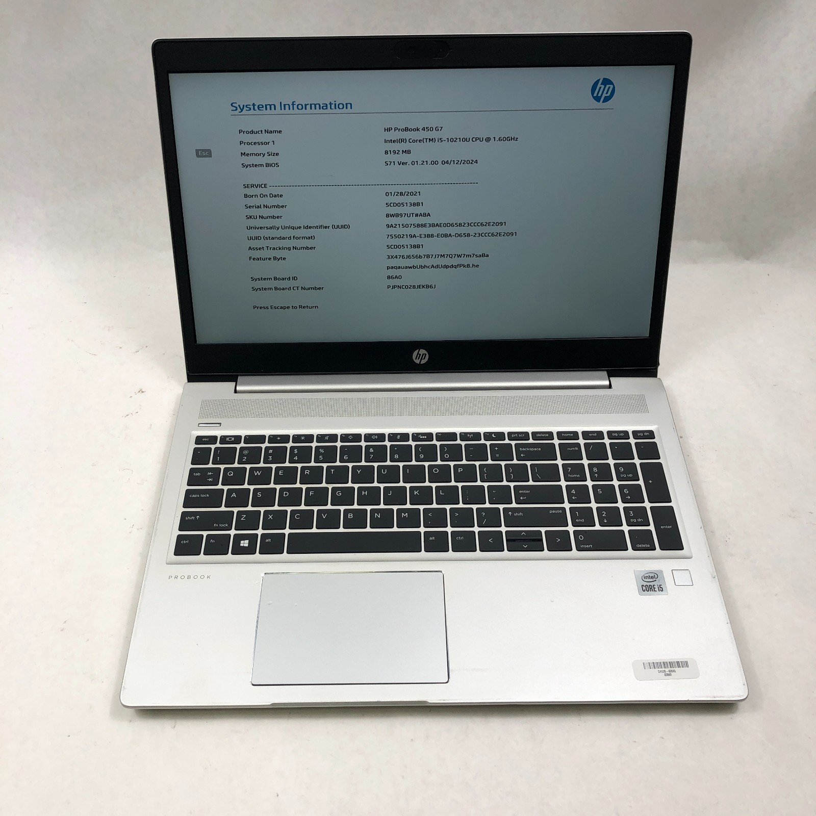 HP ProBook 450 G7 15.6 Core i5-10210U @ 1.60GHz 8GB RAM No SSD *Read*