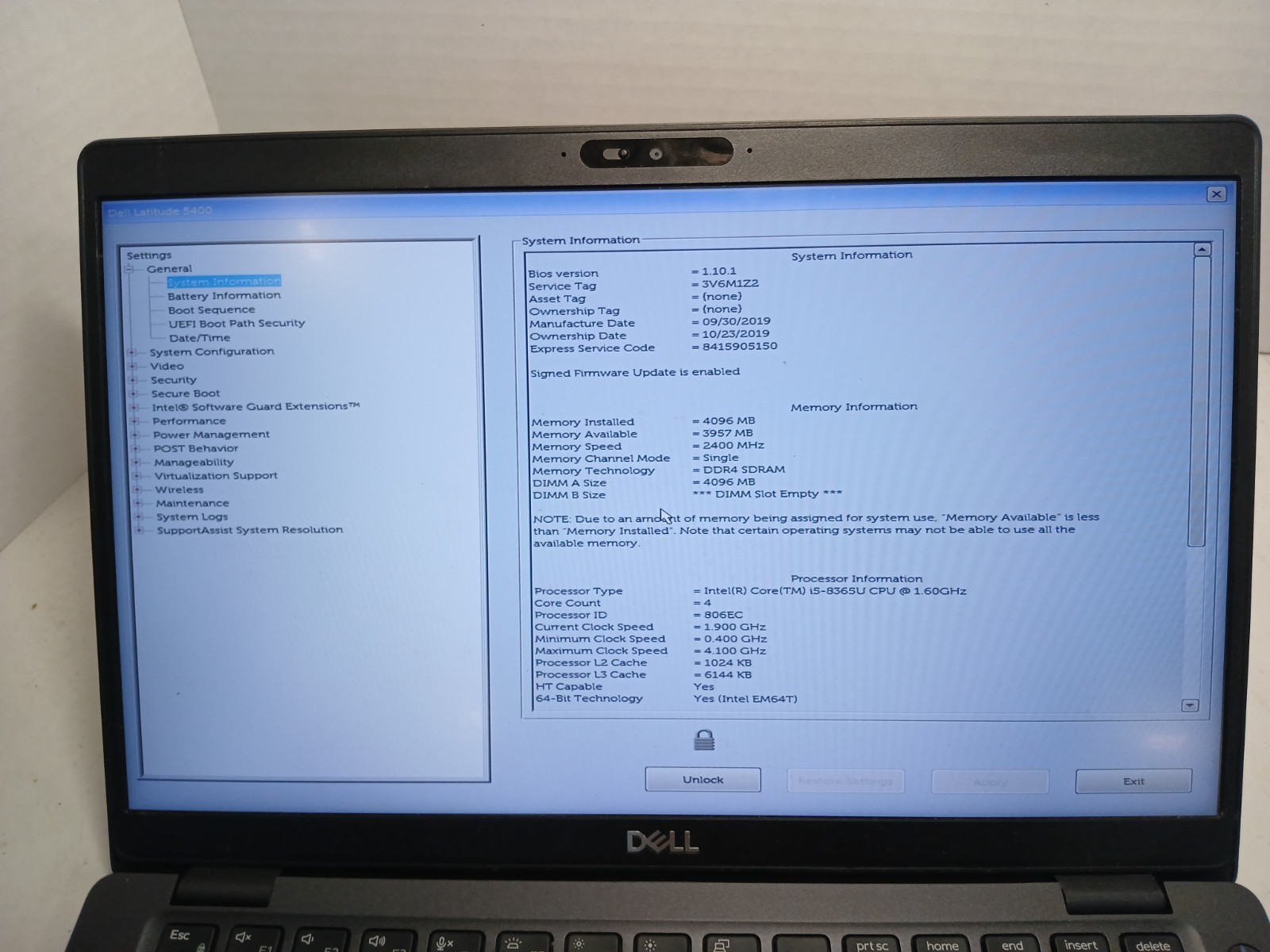 Dell Latitude 5400 14″ Laptop i5-8365U 2.80 GHz 4GB RAM BIOS PW!! #97