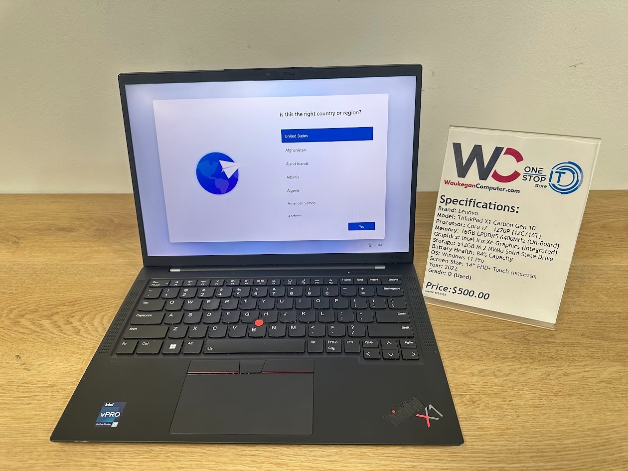 Lenovo ThinkPad X1 Carbon Gen 10, Core i7 1270P, 16GB LPDDR5 Iris Xe, 512 GB SSD