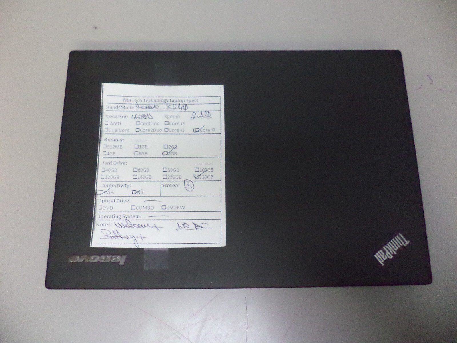 Lenovo ThinkPad X240 12.5″ i7-4600U 2.1GHz 8GB/320GB Webcam Laptop [No OS/AC]