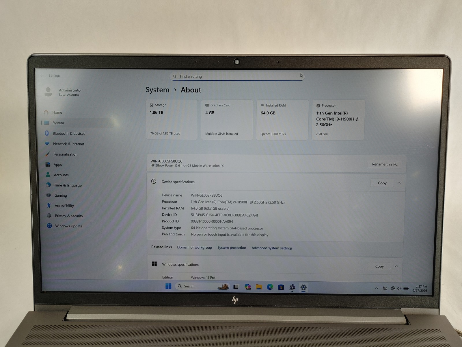 HP Zbook Power G8 Core i9-11900H 2.50 GHz 64 GB DDR4 2 TB NVMe Windows 11 Pro