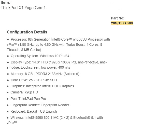 NEW Lenovo ThinkPad X1 Yoga Gen 4 i7-8665U 14″ 8GB 256GB – 20QGS7XK00