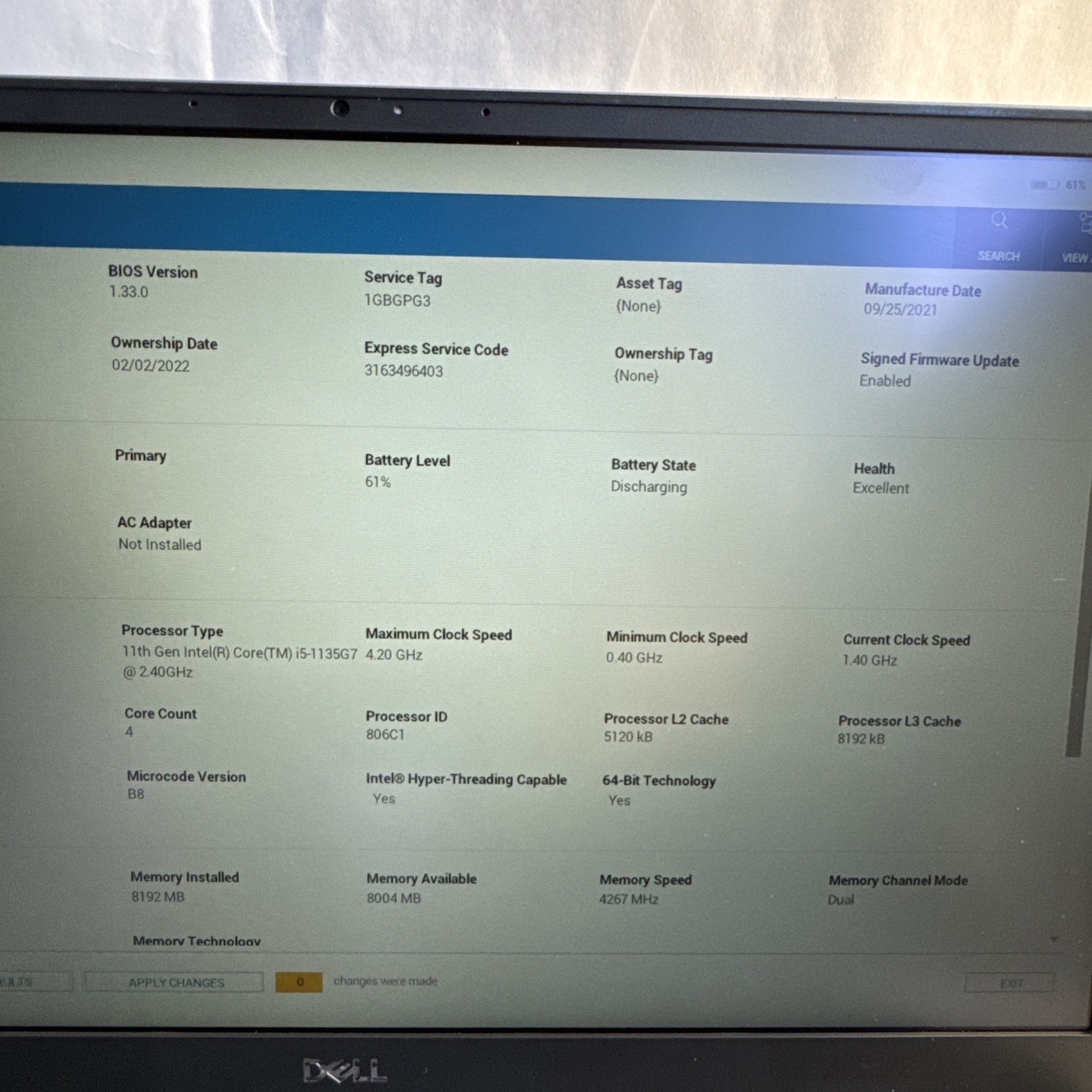 Dell Latitude 3320 Intel Core i5-1135G7 @2.40GHz 8GB Ram, NO SSD/OS