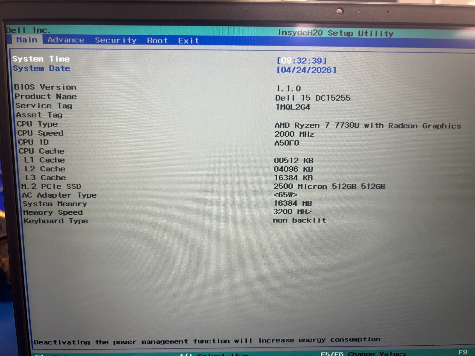 DELL 15 DC15255 G8MK9, AMD Ryzen 7 7730U, 2.00 GHz, 16 GB RAM, 512 GB NVMe SSD
