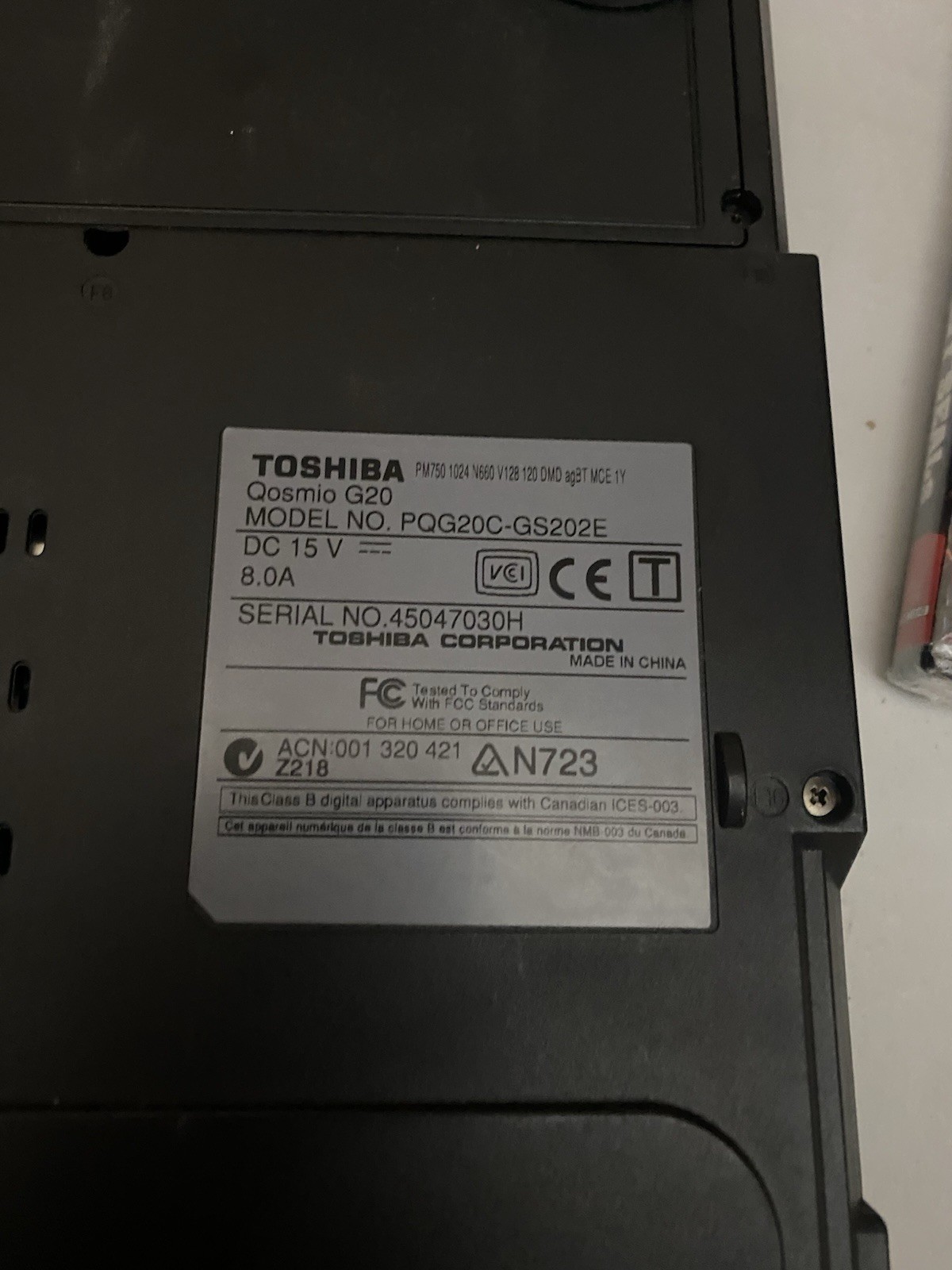 Toshiba Qosmio G20 PQG20C-GS202E Nvidia GeForce 6600 Intel Pentium Laptop