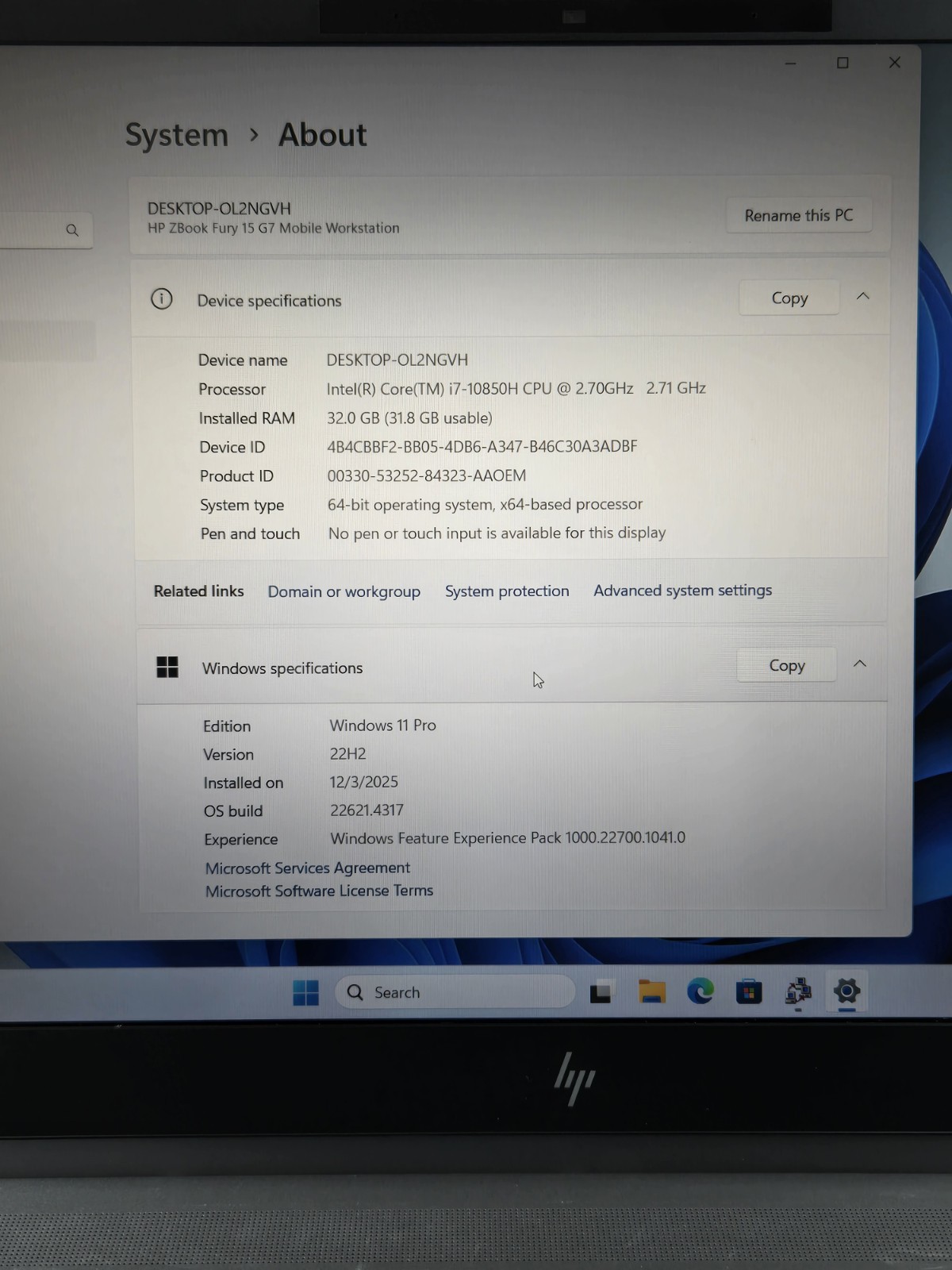 HP ZBook Fury 15 G7 i7-10850H 32Gb RAM 512Gb SSD Quadro T2000 Workstation