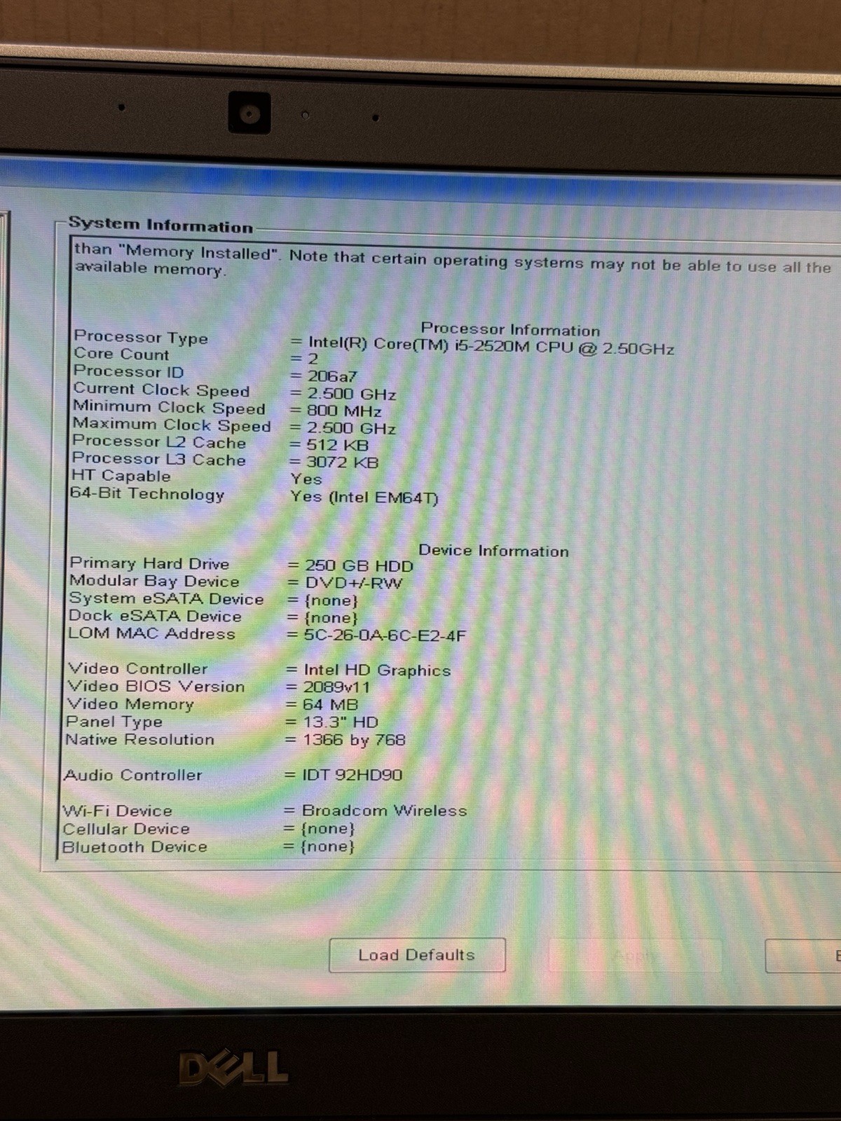 Dell Latitude E6320 i5-2520M @2.5GHz 2GB RAM 250GB HDD (No Battery)