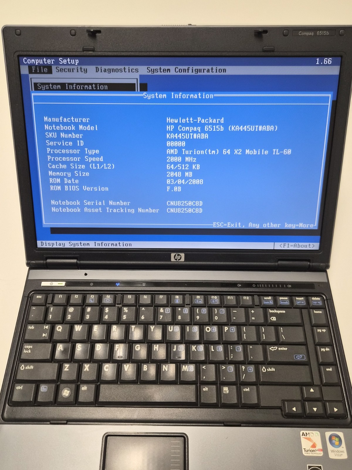 HP Compaq 6515b AMD TURION 64 X2 TL-60 2GB RAM 15.4″ 120GB SSD Vista Business