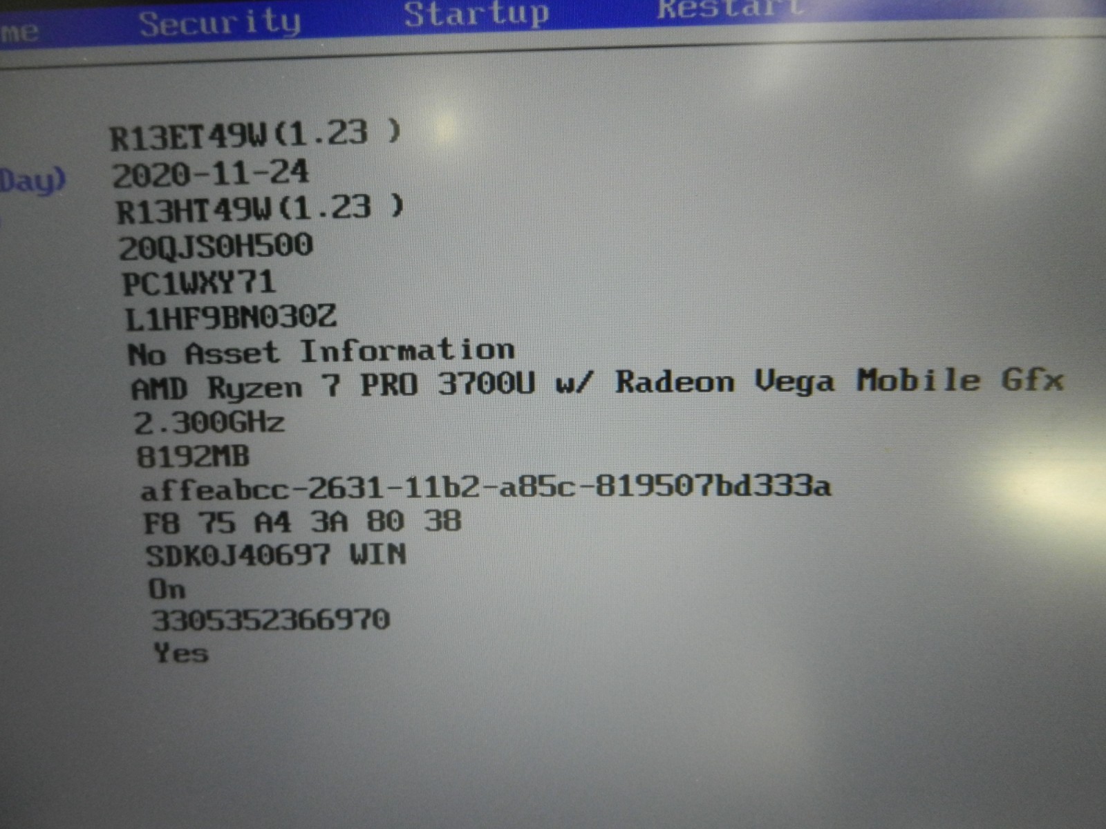 Lenovo ThinkPad T495s ** Ryzen 7 Pro 3700U @ 2.3GHz /8GB / NO HDD / NO BATTERY