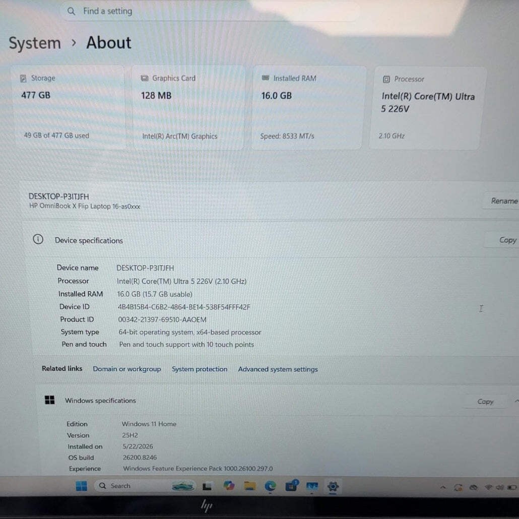 HP OmniBook X 16 Laptop 15.6″ Core Ultra 5 226V 2.1GHz 16GB RAM 512GB SSD