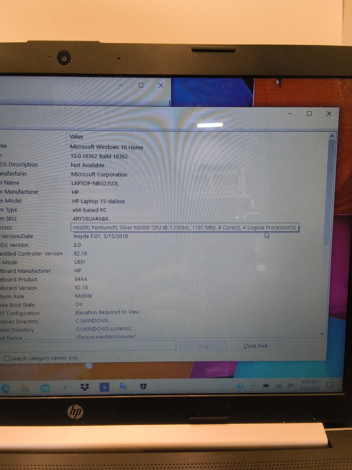 HP Laptop MODEL 15-da0xxx Intel Pentium Silver N5000 Cpu / 8 Gb Ram / *SEE DESC*