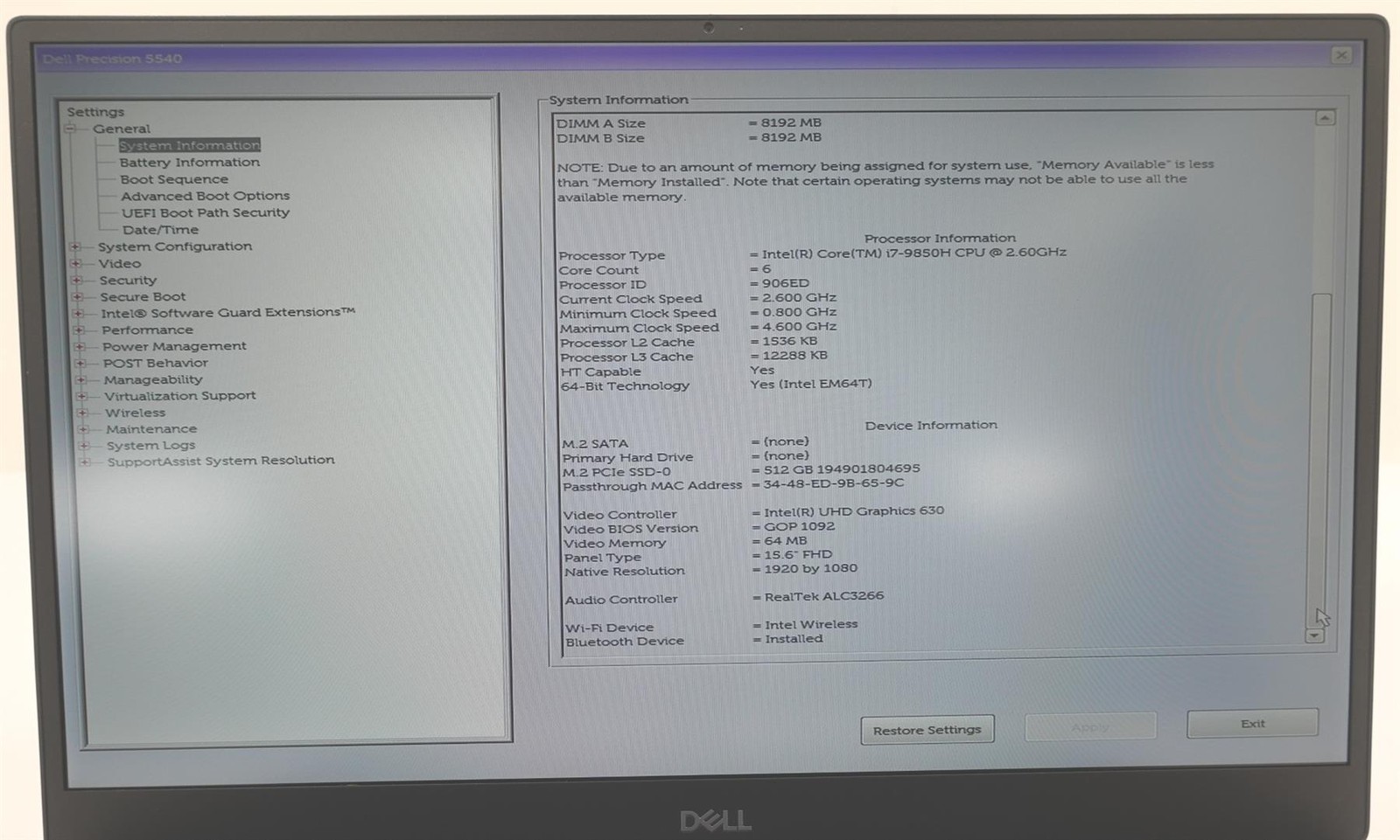 Dell Precision 5540 15.6″ Core i7-9850H 2.60GHz 16GB 512GB SSD Laptop