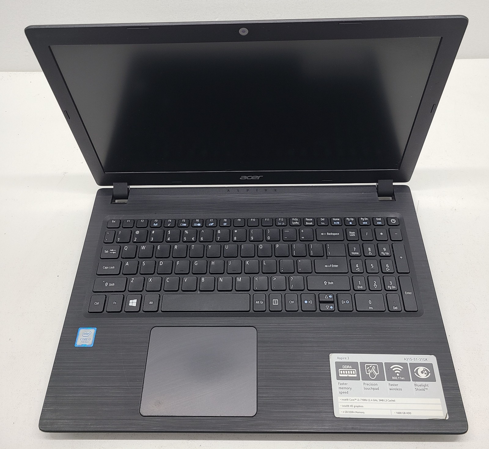 ACER Aspire 3 A315-51-31GK Laptop Intel i3-7100U 8GB Ram NO HD/OS/POWER (FL)