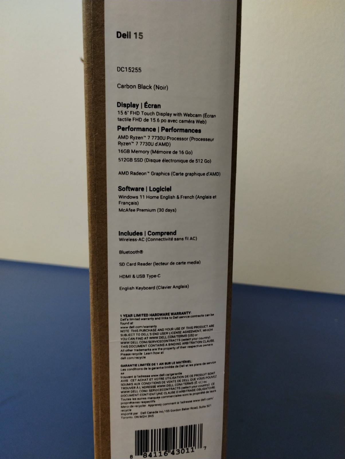 DELL 15 DC15255 G8MK9, AMD Ryzen 7 7730U, 2.00 GHz, 16 GB RAM, 512 GB NVMe SSD