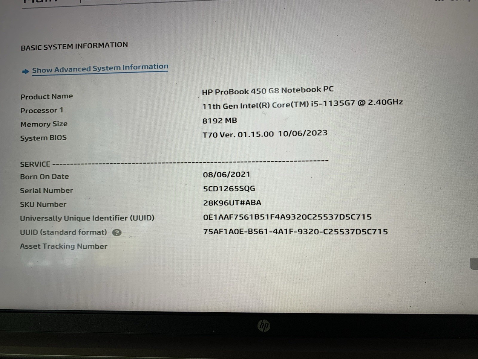 HP Probook 450 G8 i5-1135G7 @2.40GHz 8GB RAM 256GB SSD (No Adapter) #9