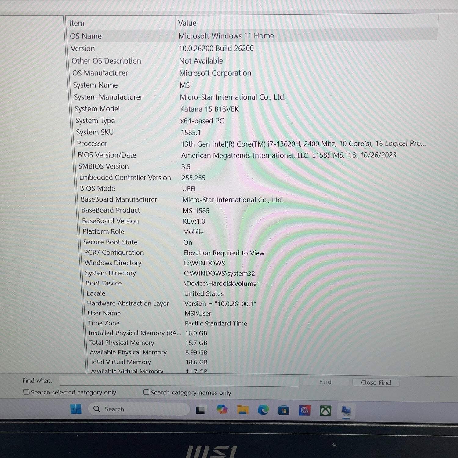MSI Katana 15 B13V 15.6″ i7-13620H 1.8GHz 16GB RAM 1TB SSD GeForce RTX 4050