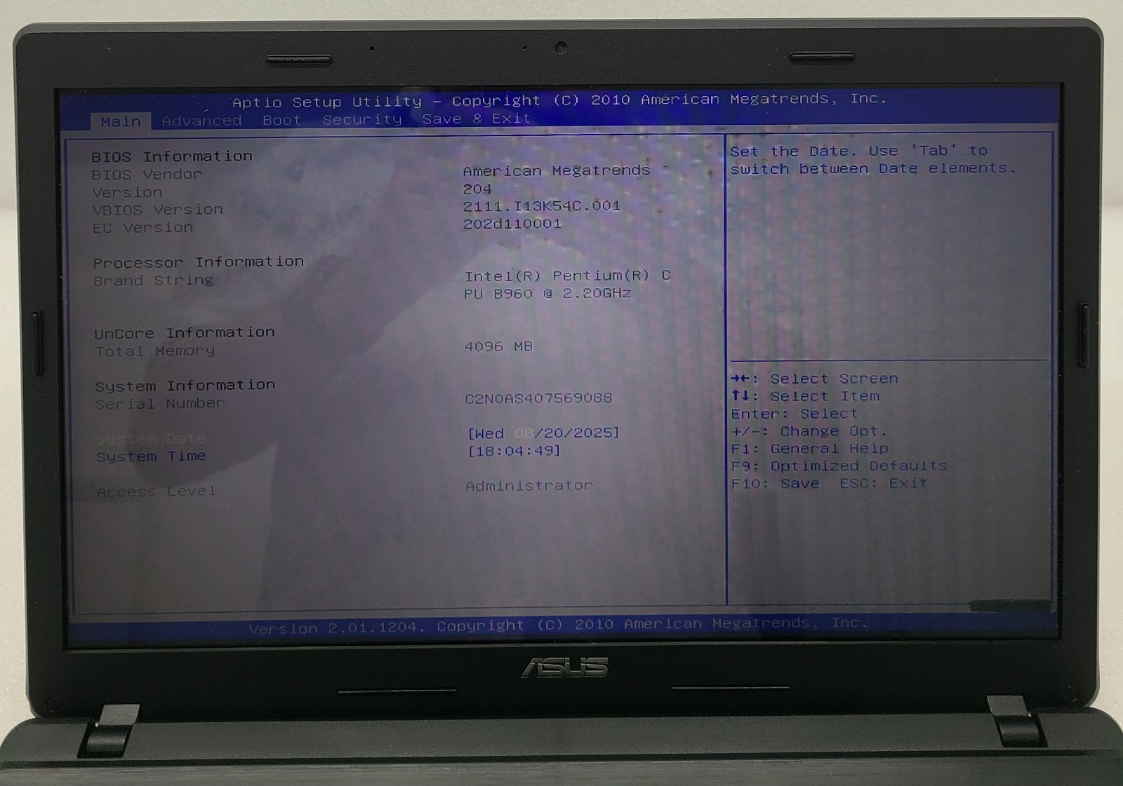Asus K54C-5KSX Laptop Intel Pentium B960 2.2 GHz 4 GB RAM NO HD/OS (FL)