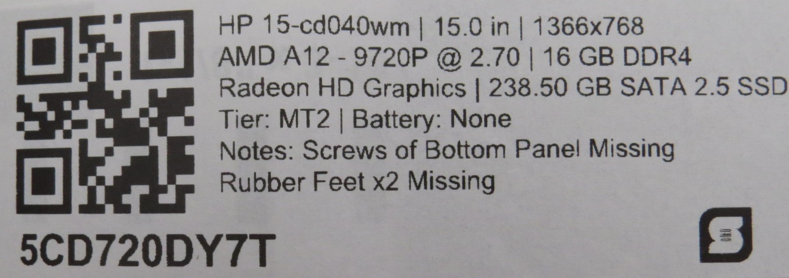 HP 15-cd040wm | AMD A12-9720P @ 2.7GHz | 16GB DDR4 | 238 SSD | No Battery/OS