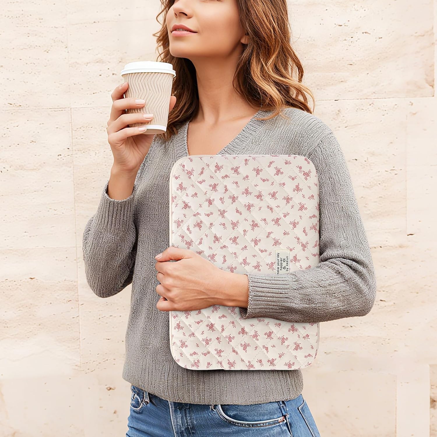 Quilted Laptop Sleeve Cute Floral Design for 15-15.6 Inch MacBook, Padded Case