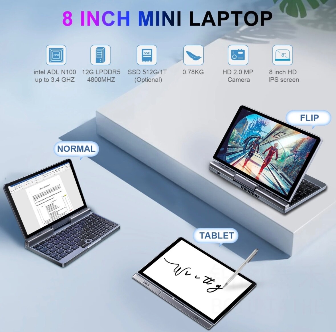 3 in 1 Win 11/10 Micro Laptop Intel Notebook 8″ Touch 12G RAM 256GB SSD