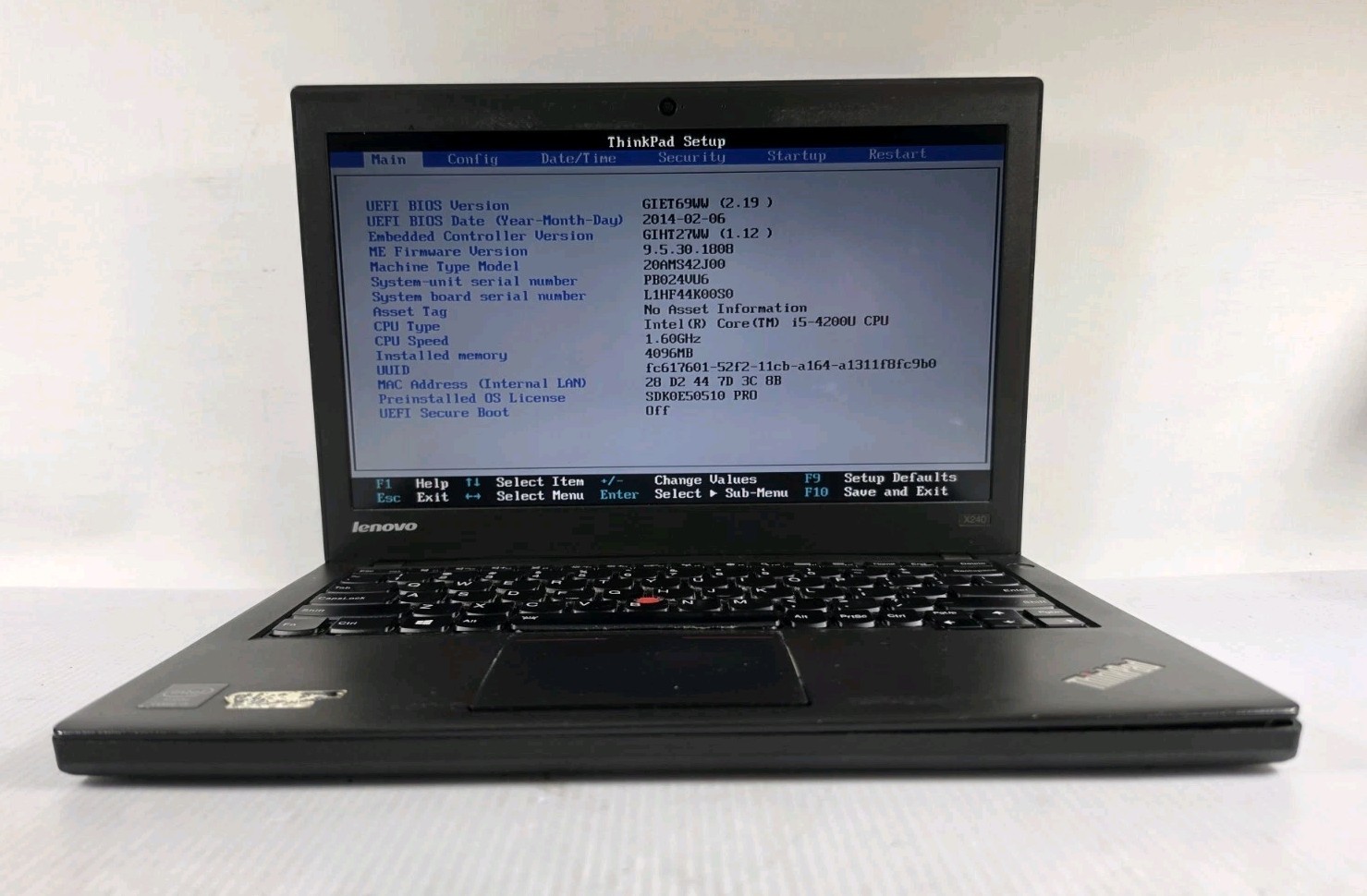 LENOVO THINKPAD X240 – BOOTS TO BIOS – INTEL I5 4200U – 4GB RAM NO HDD
