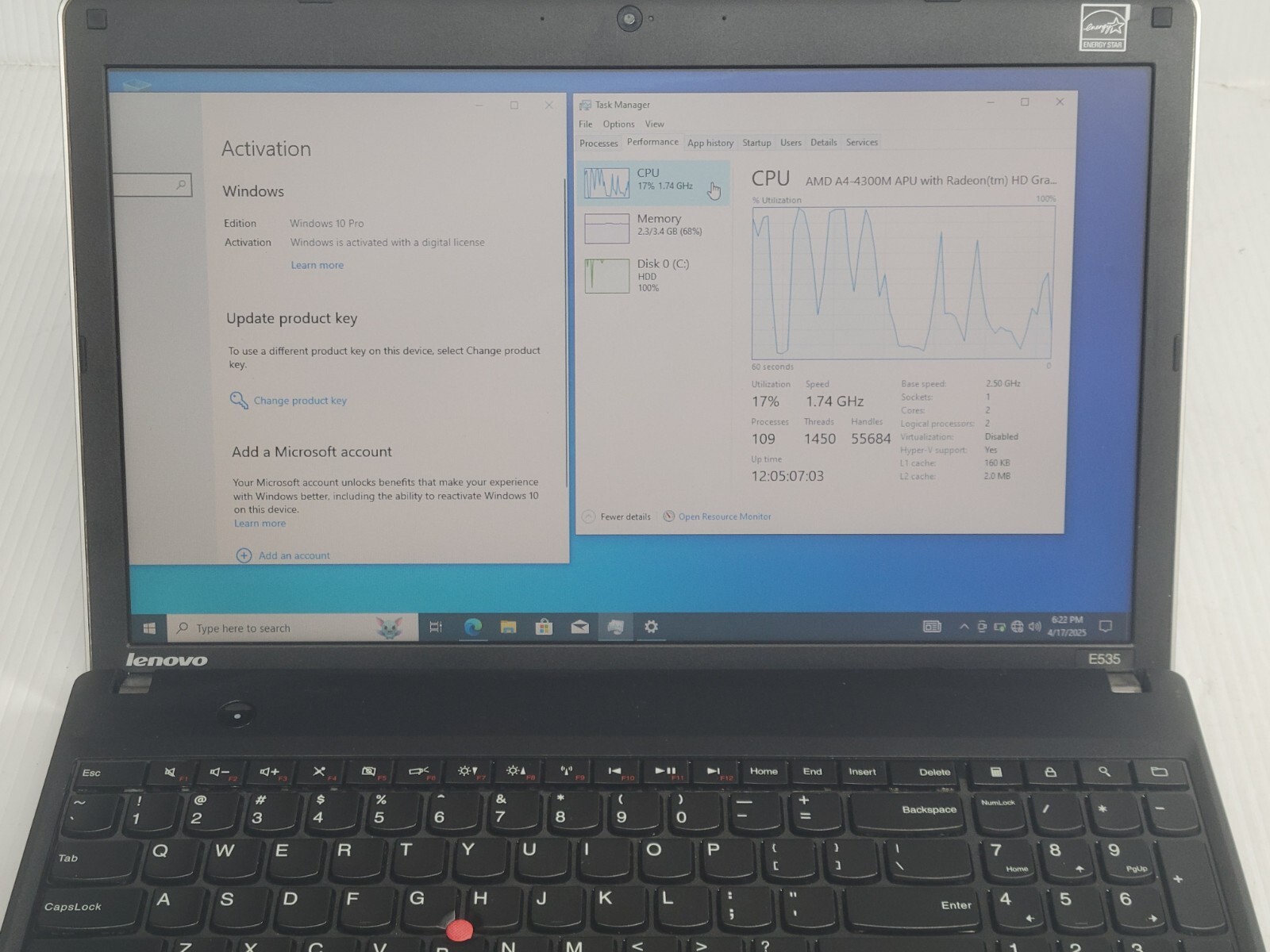 Lenovo ThinkPad Edge E535 Laptop AMD A4-4300M 4 GB Ram 500GB HDD W10 PRO