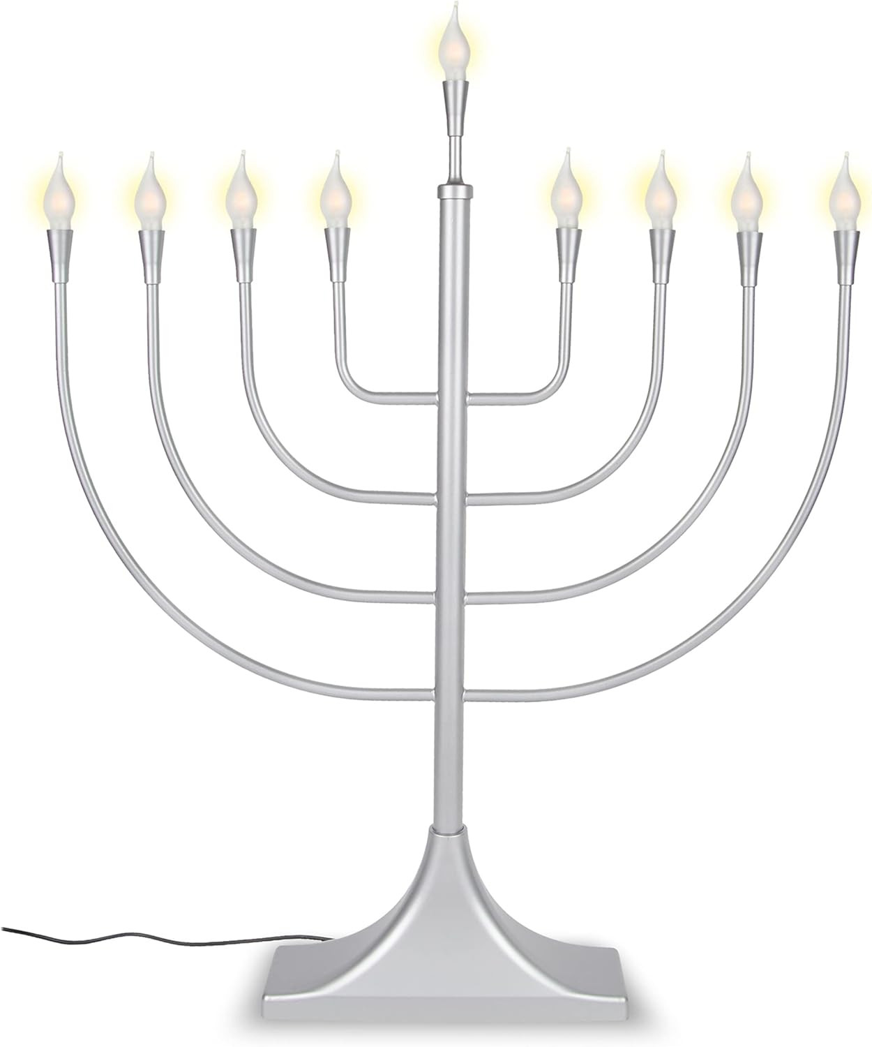 Extra Large Display Electric Menorah Satin Silver 23″ Tall – with Flame Shaped B
