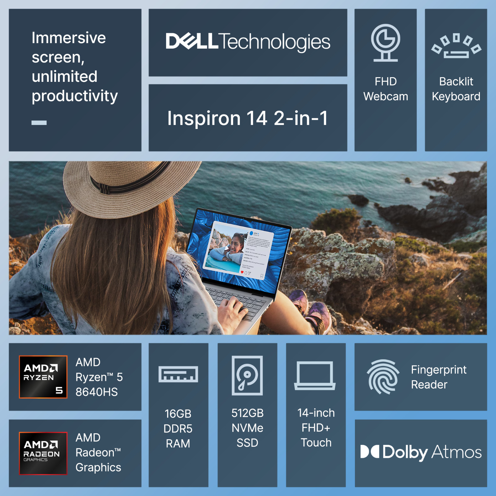 2026 Dell Inspiron 14″ 2-in-1 Touch Laptop Ryzen 5 16GB RAM 512GB SSD Win 11 Pro