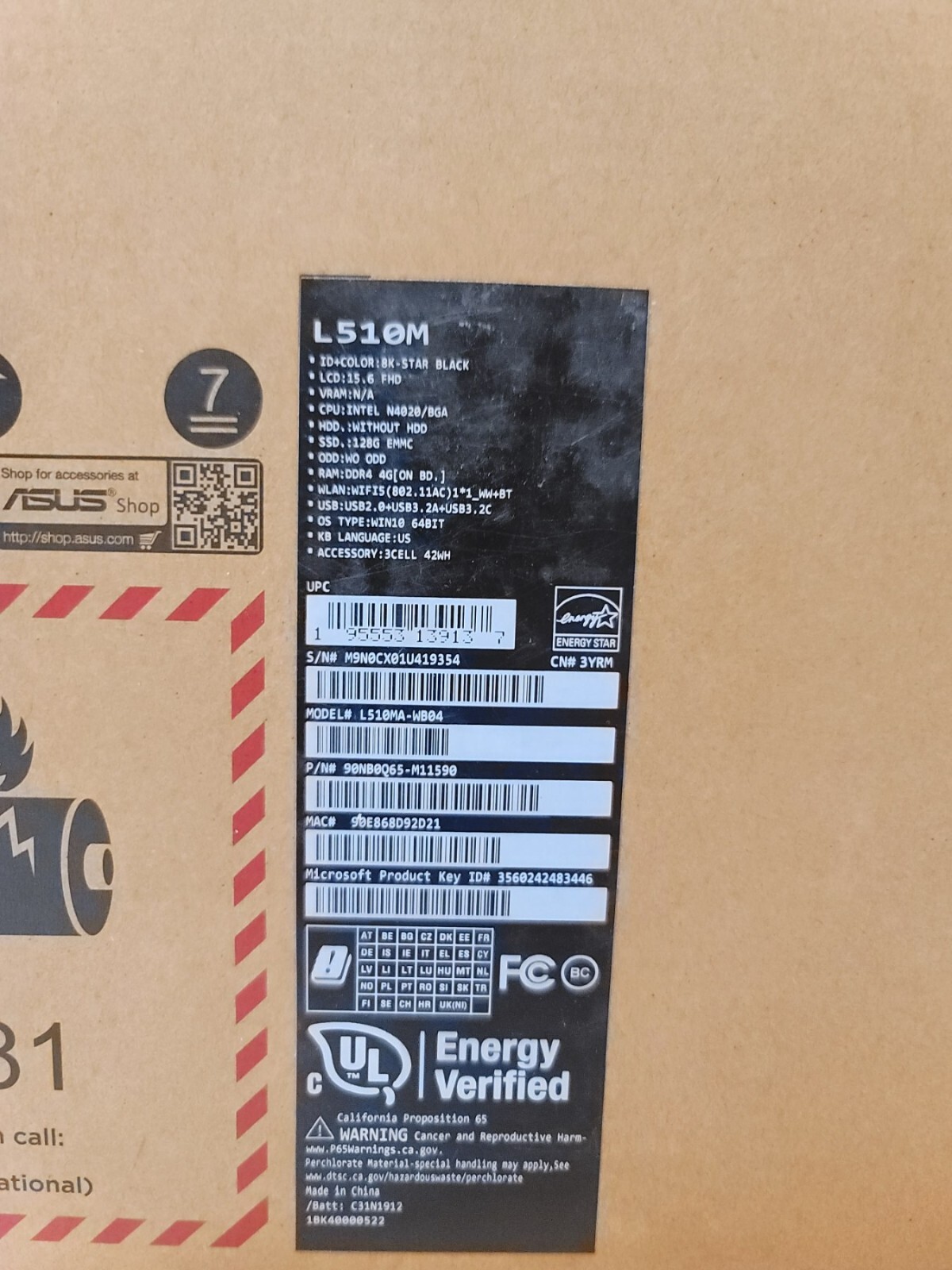New ASUS L510M INTEL N4020 4GB 128GB SSD 15.6″ WIN10