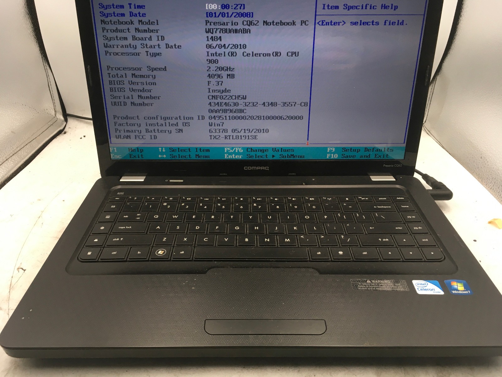 COMPAQ PRESARIO CQ62 – BOOTS TO BIOS – INTEL CELERON – 4GB RAM – READ DESC – BB