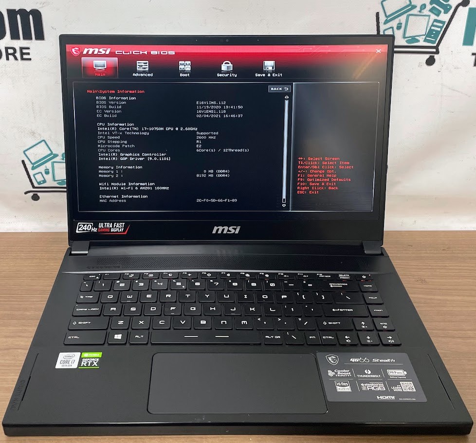 MSI GS66 Stealth 10SF W11Pro 15.6” NVIDIA i7-10750H 2.70GHz 8gb 256gb SSD READ!
