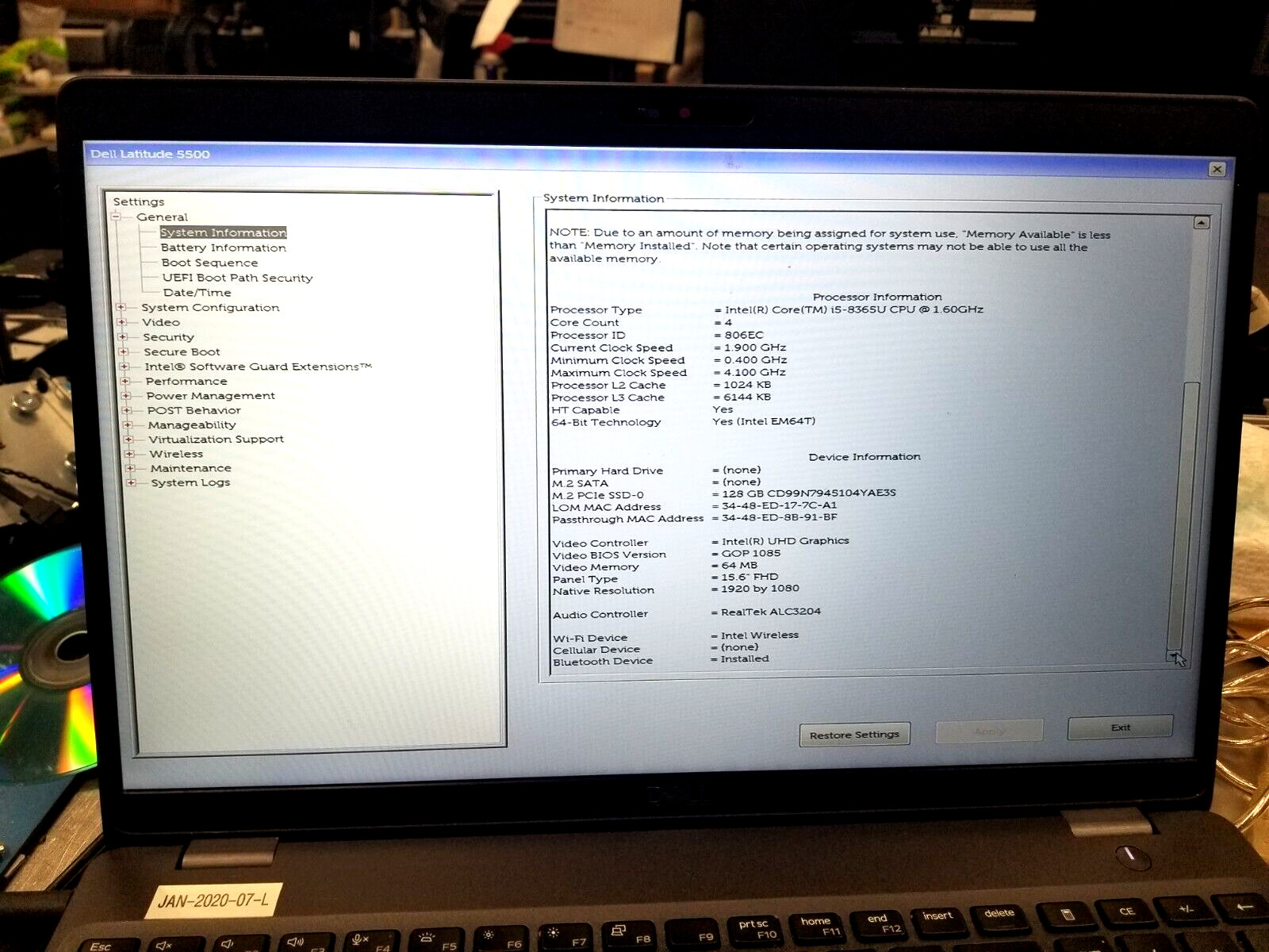 Dell Latitude 5500 4CORE i5-8365U 1.6GHz 8GB 128GBSSD Win10Pro wifi, BT powercor