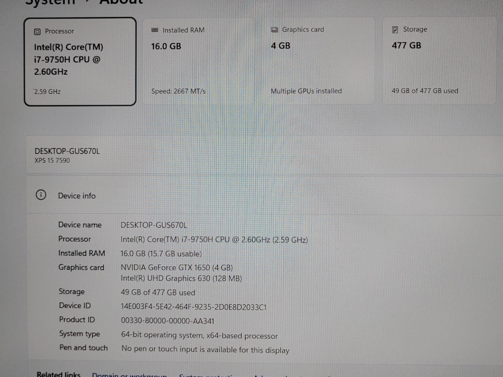 Dell XPS 15 7590 15.6″ i7-9750H 16GB 512GB GTX 1650 Win11Pro *NO A/C* **READ**