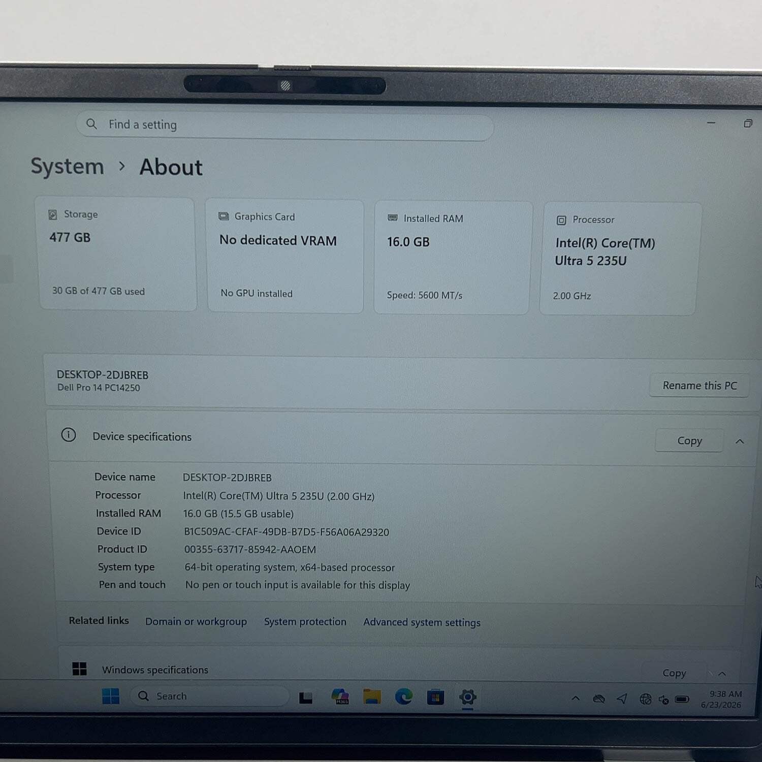 Dell Pro 14 PC14250 14″ Core Ultra 5 125U 1.3GHz 16GB RAM 512GB SSD