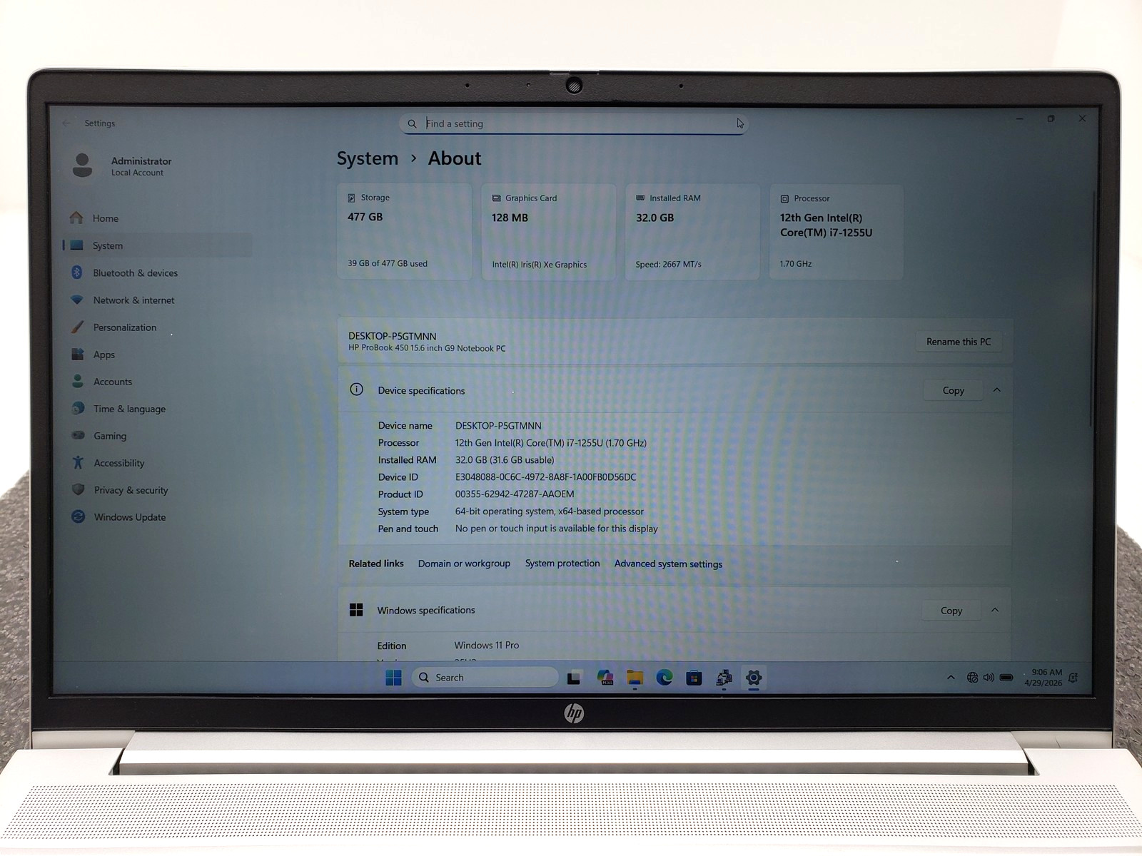 HP ProBook 450 G9 Core i7-1255U 32GB Ram 512GB SSD 15.6in Backlit KB Win 11 Pro.