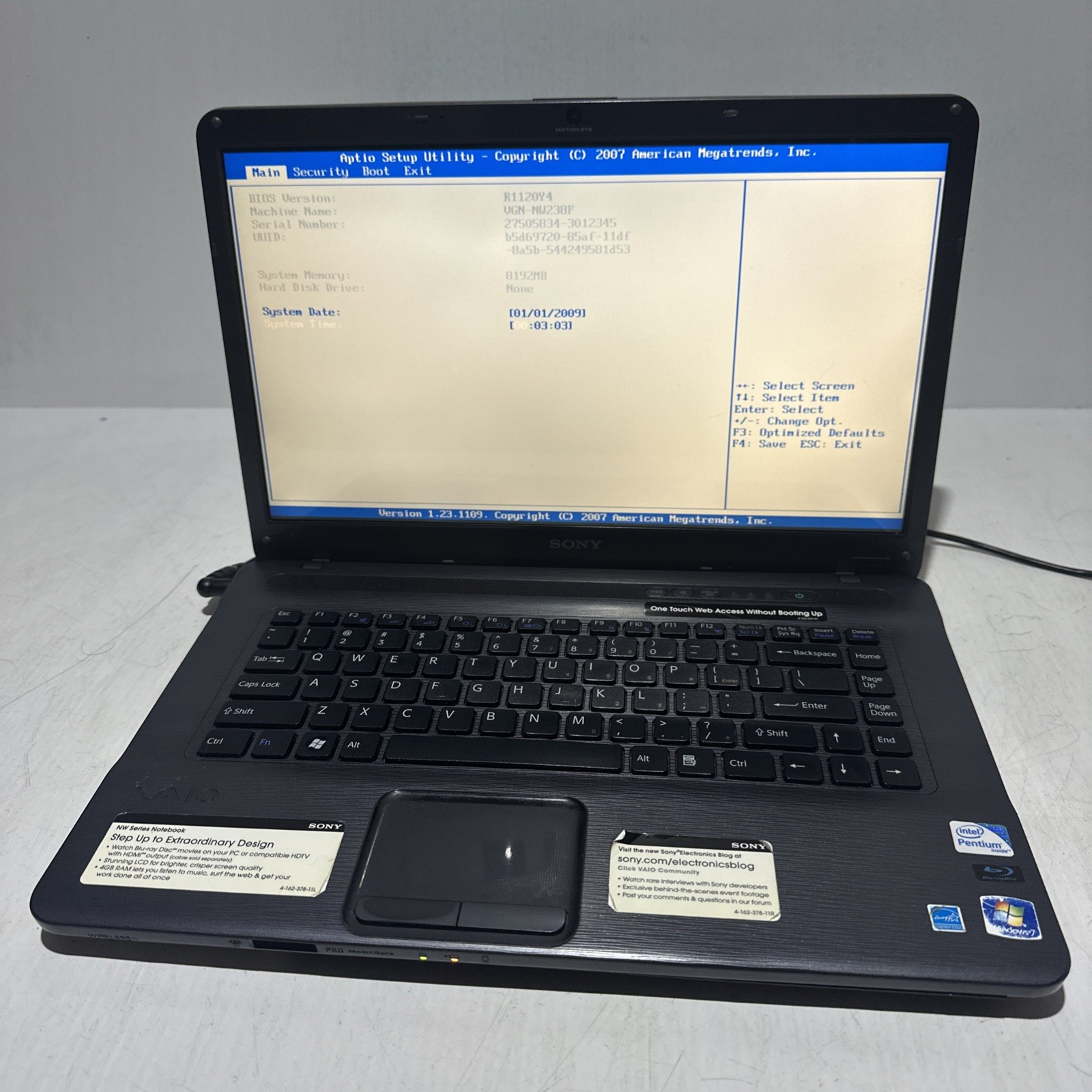 Sony Vaio VGN-NW238F Intel Pentium 8gb Ram No Drives Boots Bios
