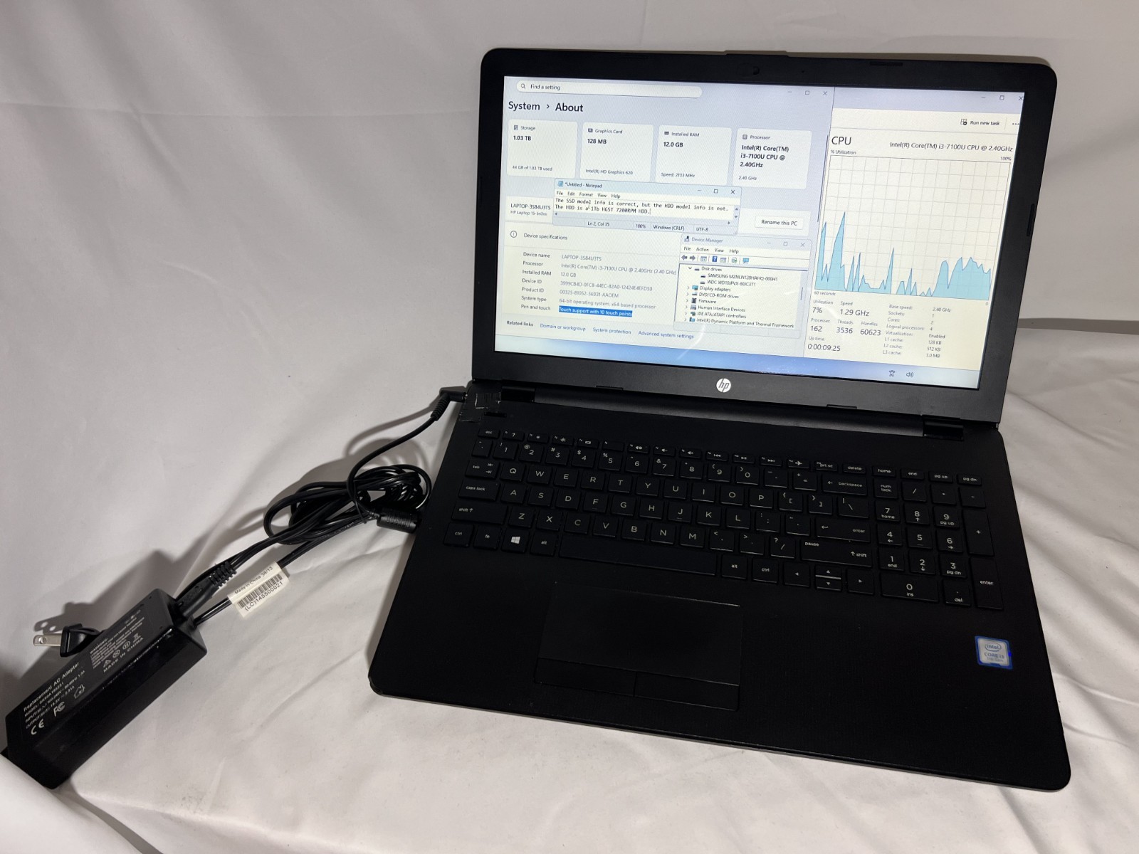 (READ!) HP Laptop 15-bs013dx: Core i3-7100U @2.40GHz, 12Gb DDR4, HDD+SSD, HP-OEM