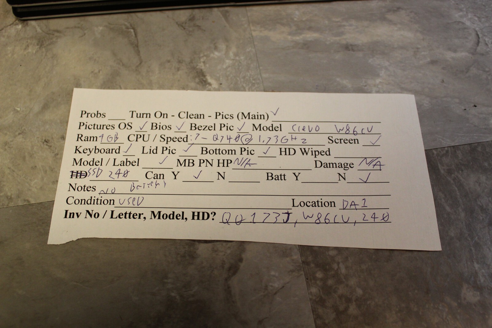 CLEVO W86CU For Parts Booted Windows 240GB SSD Wiped 4GB Ram i7-Q740@1.73GHz CPU