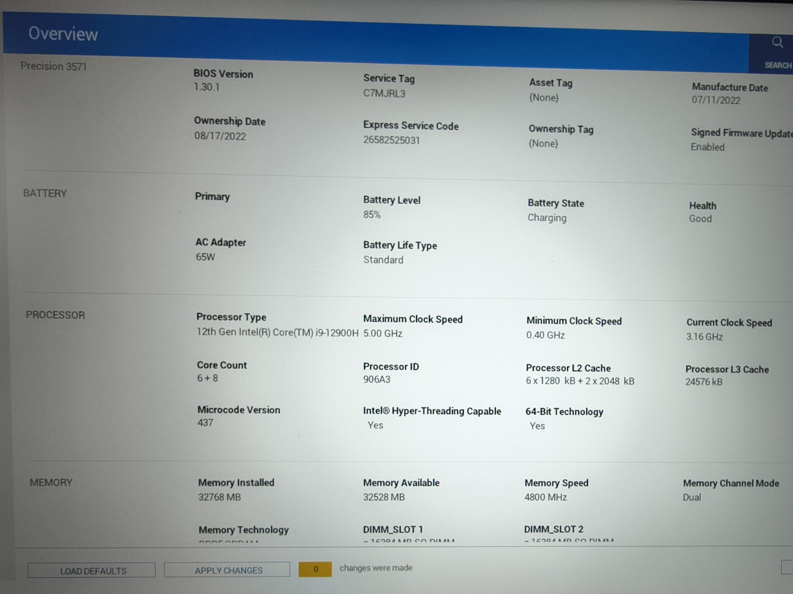 Dell Precision 3571 Laptop i9-12900H Nvidia T600 32GB RAM 256GB NVMe Win11