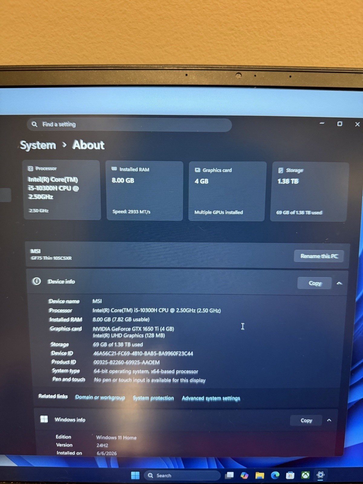 MSI MS-17F3 Intel i5-10300H 8GB RAM 512GB SSD 1tb hdd Storage Nvidia 1650Ti
