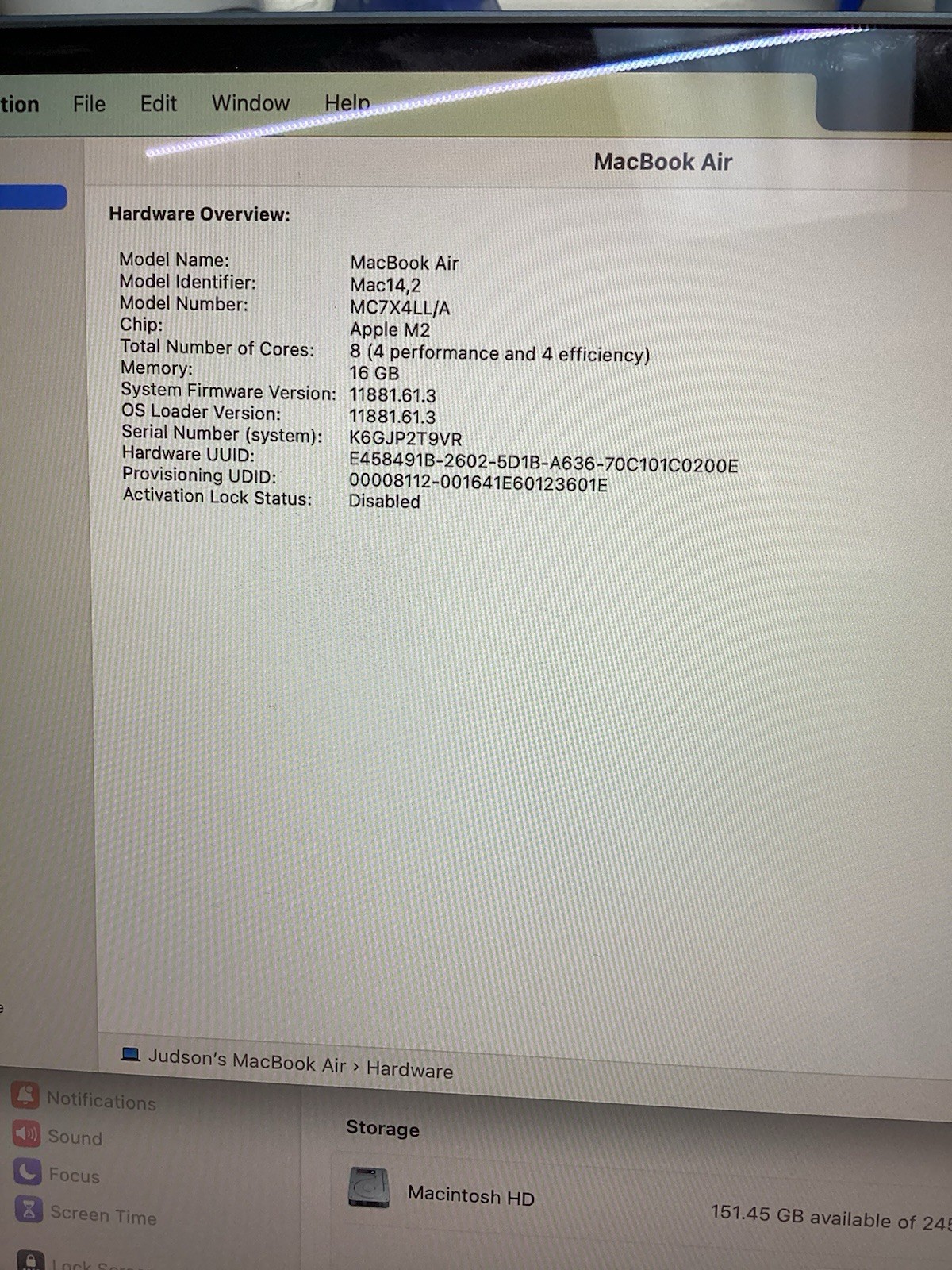 Apple Macbook Air 13.6″M2 Midnight 256GB SSD 16GB,100% battery, MC7X4LL/A, A2681