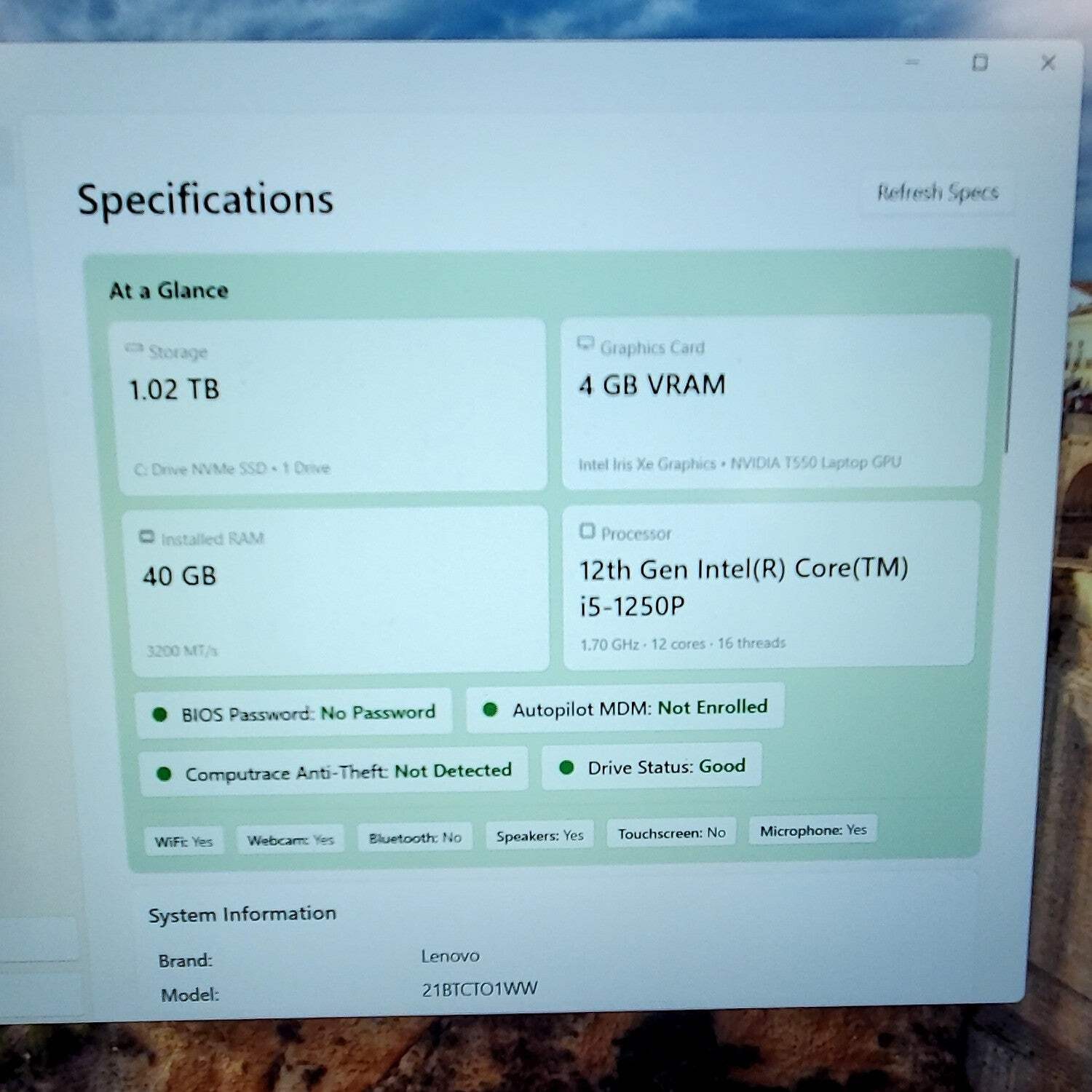 Lenovo ThinkPad P16 Gen 1 21BT 16″ i5-1250P 1.7GHz 40GB RAM 1TB SSD