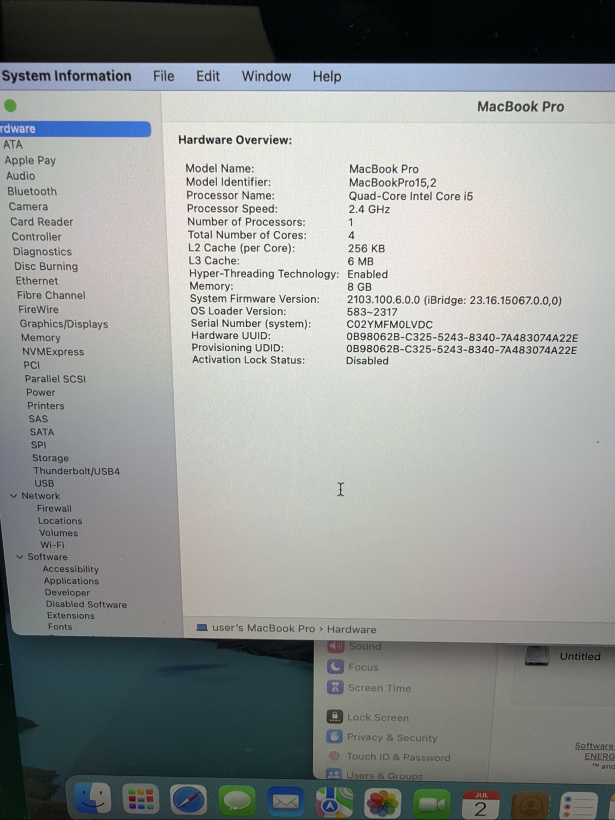 Apple MacBook Pro 13″ 2019 A1989 Touch Bar i5 2.4GHz 8GB RAM 256GB SSD Sequoia