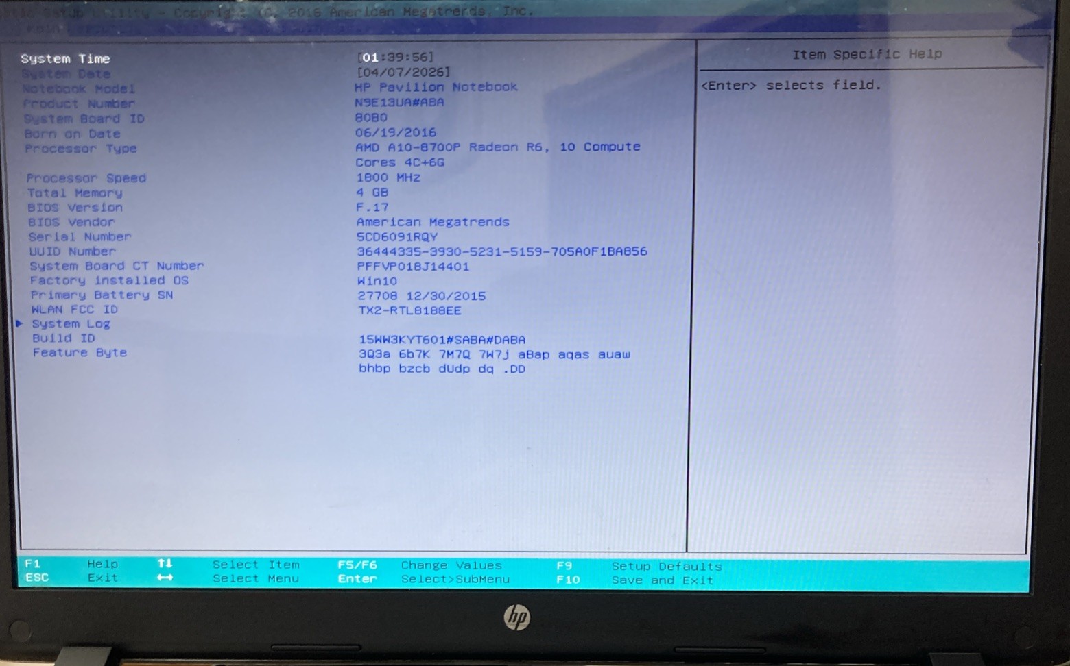 HP Pavilion 17-G121WM AMD A10-8700P 1.80GHz NO HDD/RAM Boot to BIOS