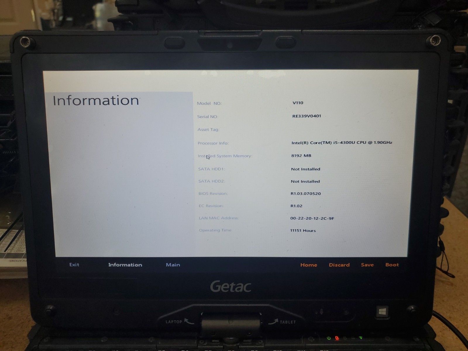 GETAC V110 Laptop Tablet Touch Screen i5-4300U 1.90GHz 8gB No HDD 11151hrs