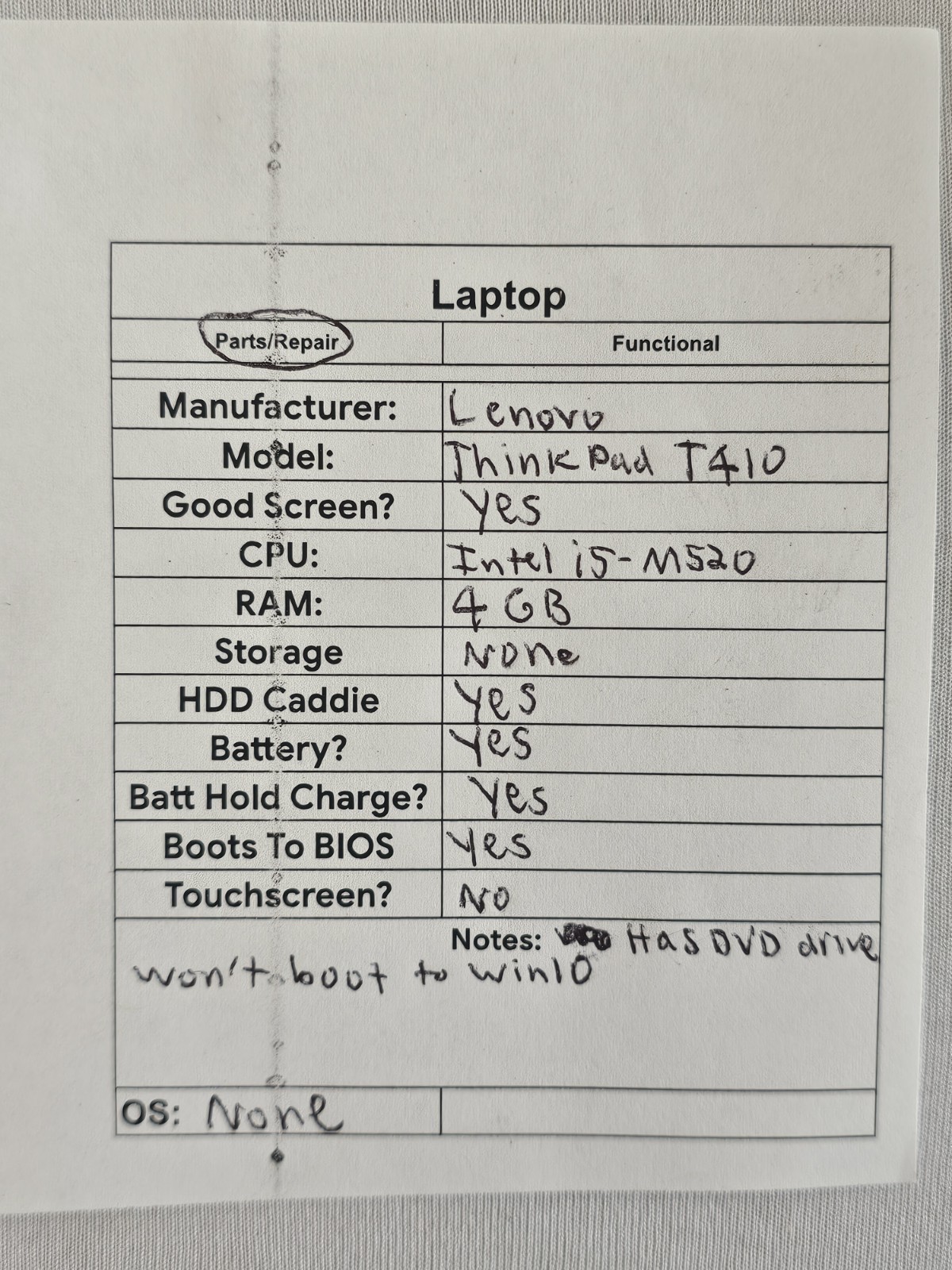 Lenovo ThinkPad T410 Laptop – i5-M520 – 4GB RAM – NO HDD/OS – Parts/Repair READ