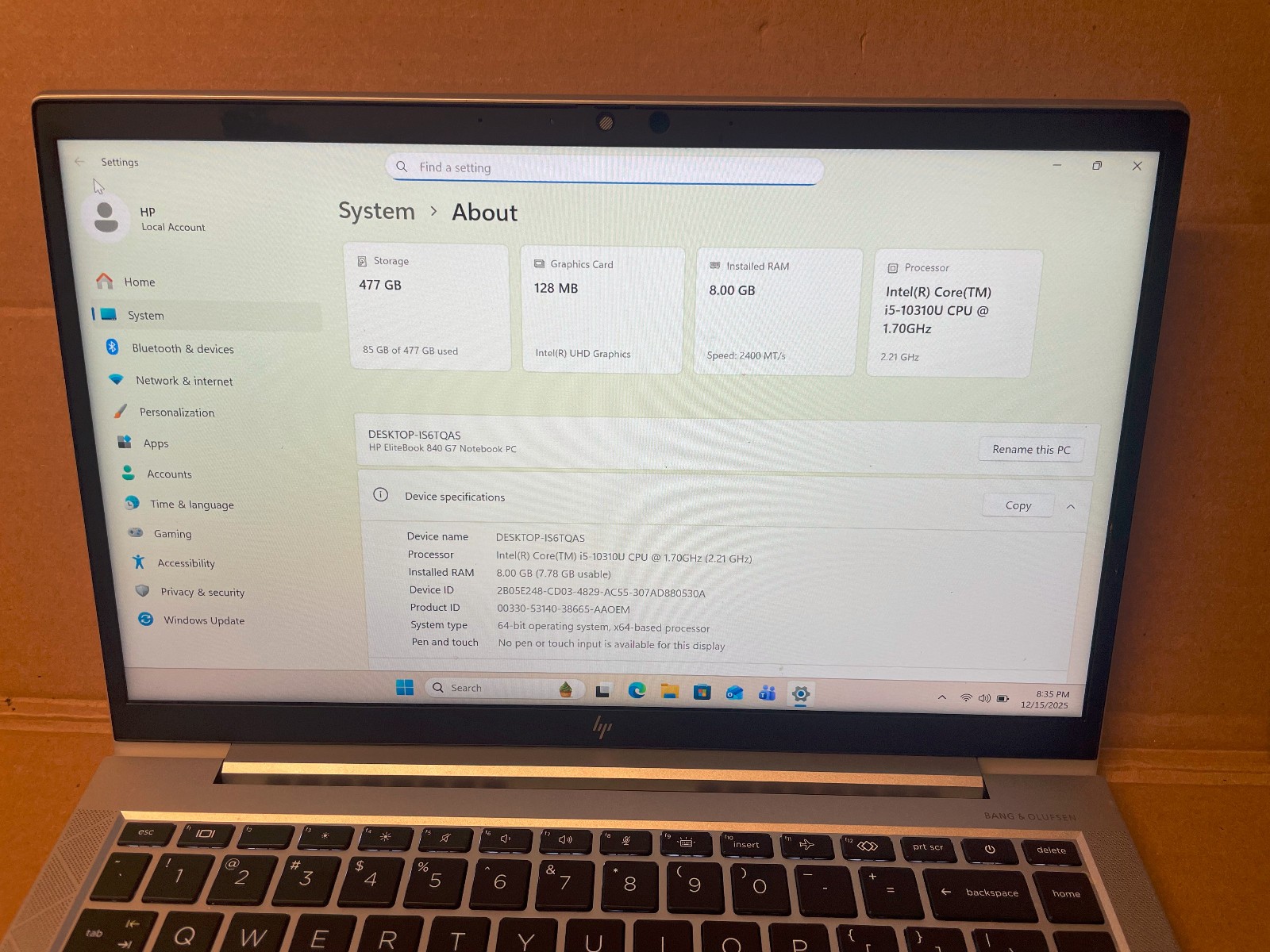 HP Elitebook 840 G7, Intel i5-10310U @ 1.70GHz, 8GB, 512GB NVMe. WIN 11 Pro.